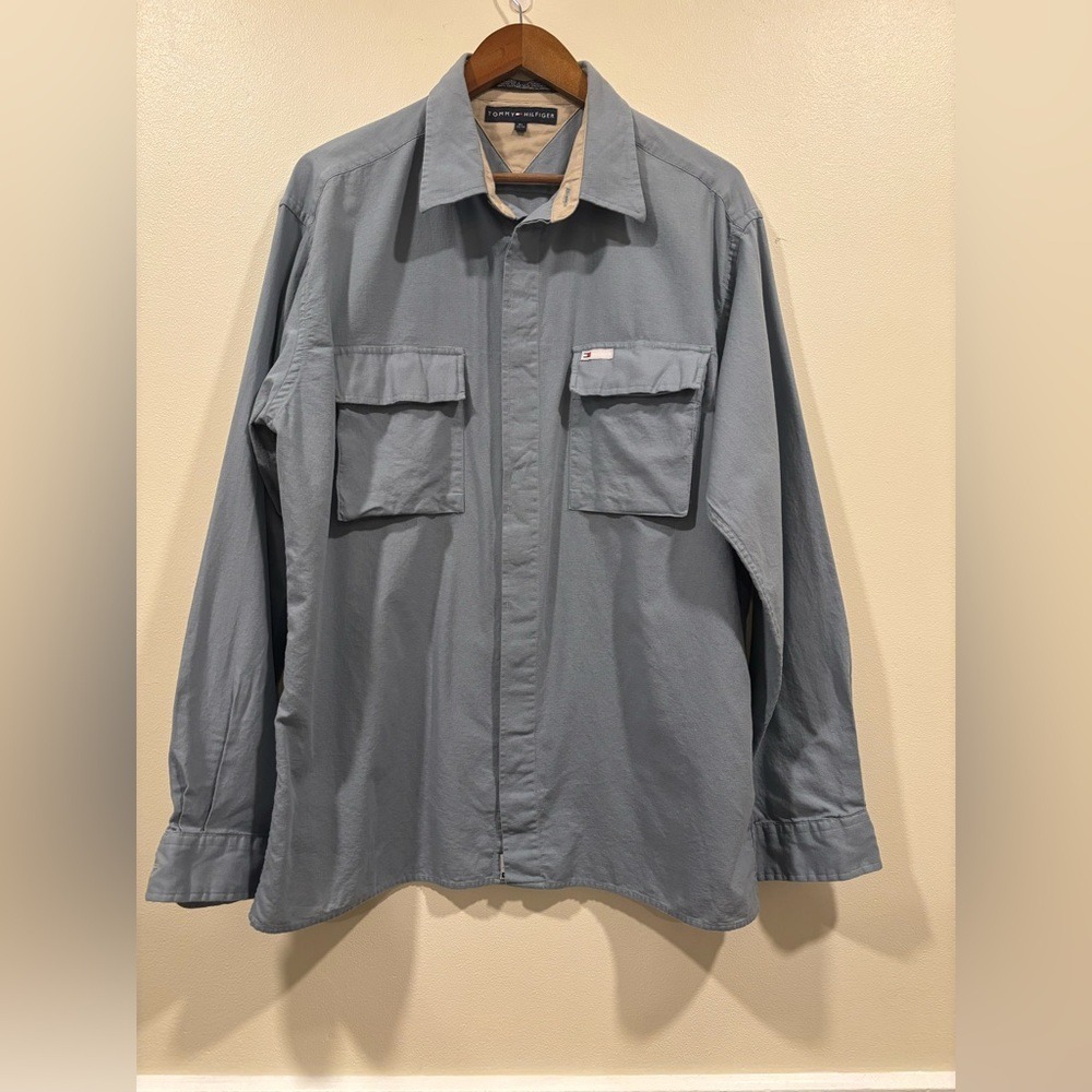 Tommy Hilfiger Mens‎ XL Blue Gray Zip Up Shirt Jacket Cotton Canvas Layering